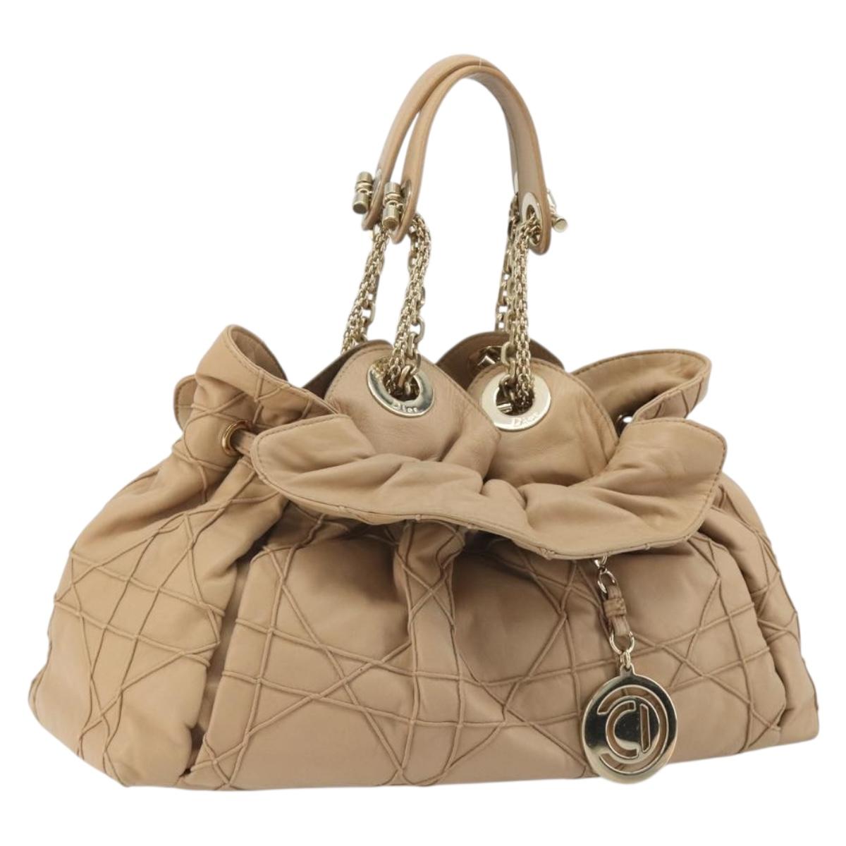 Christian Dior Chain Drawstring Bag Leather Beige Gold Auth BA13968A