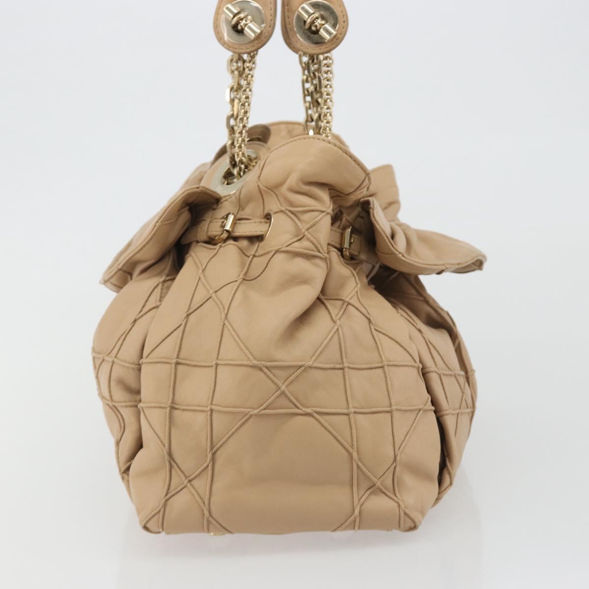 Christian Dior Chain Drawstring Bag Leather Beige Gold Auth BA13968A