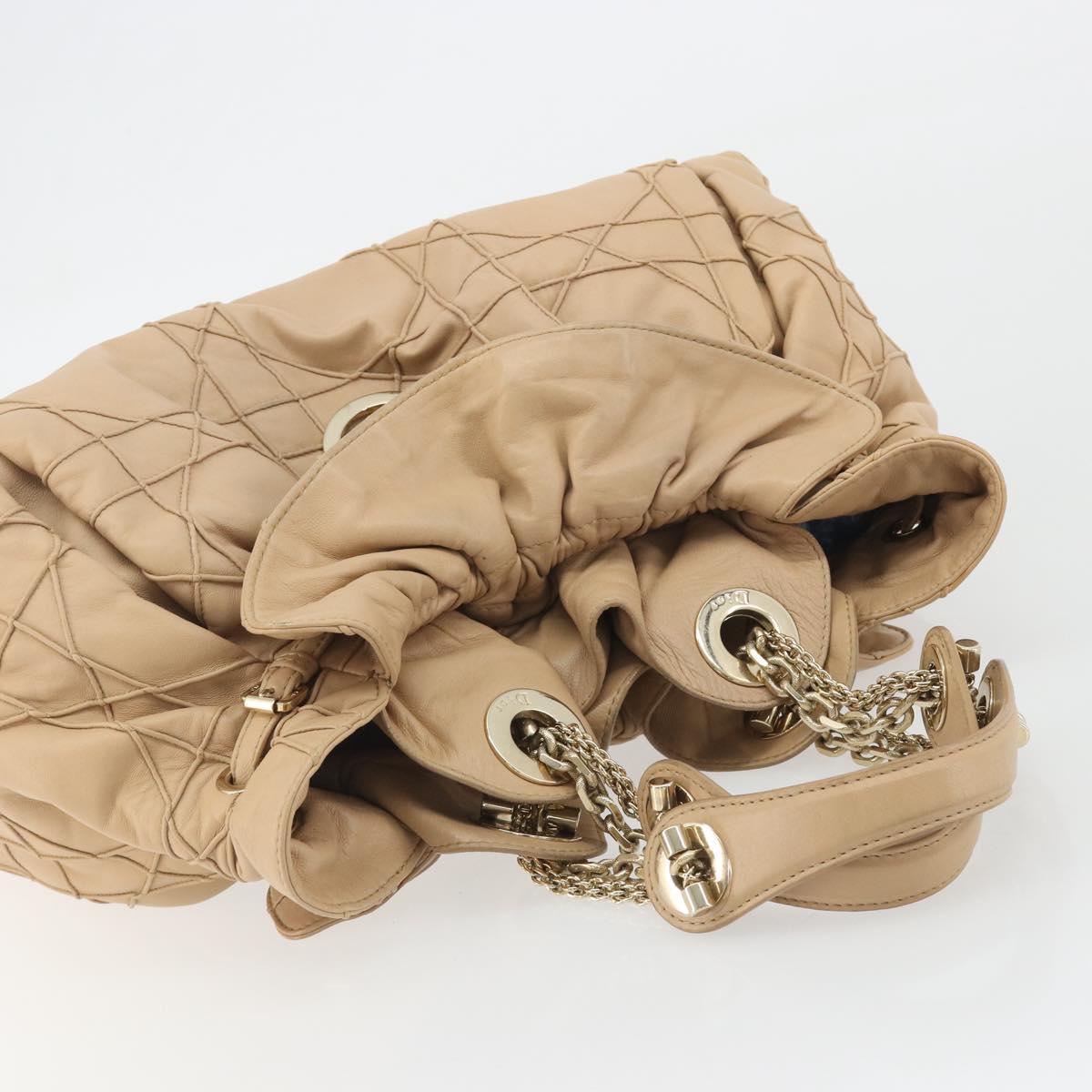 Christian Dior Chain Drawstring Bag Leather Beige Gold Auth BA13968A
