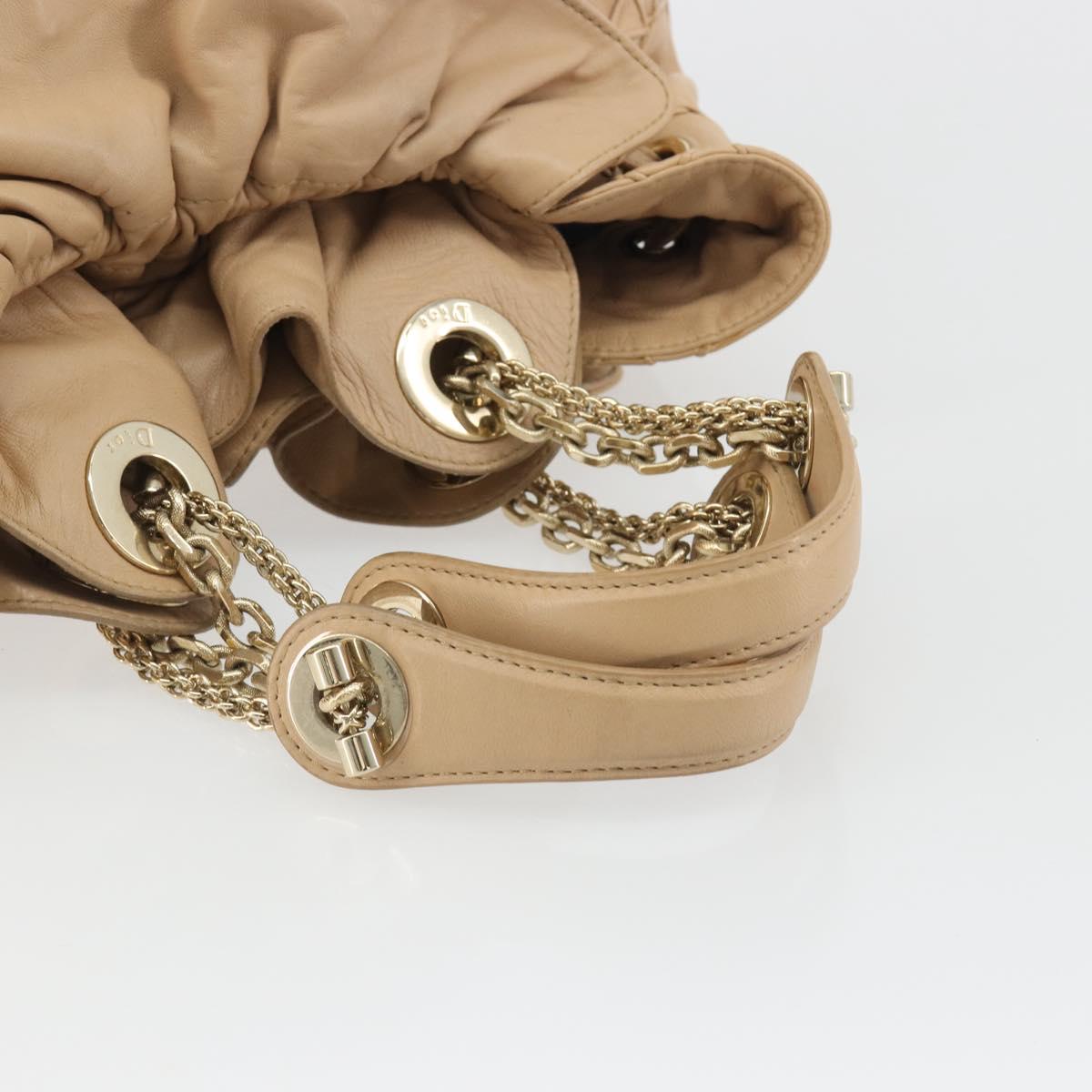Christian Dior Chain Drawstring Bag Leather Beige Gold Auth BA13968A