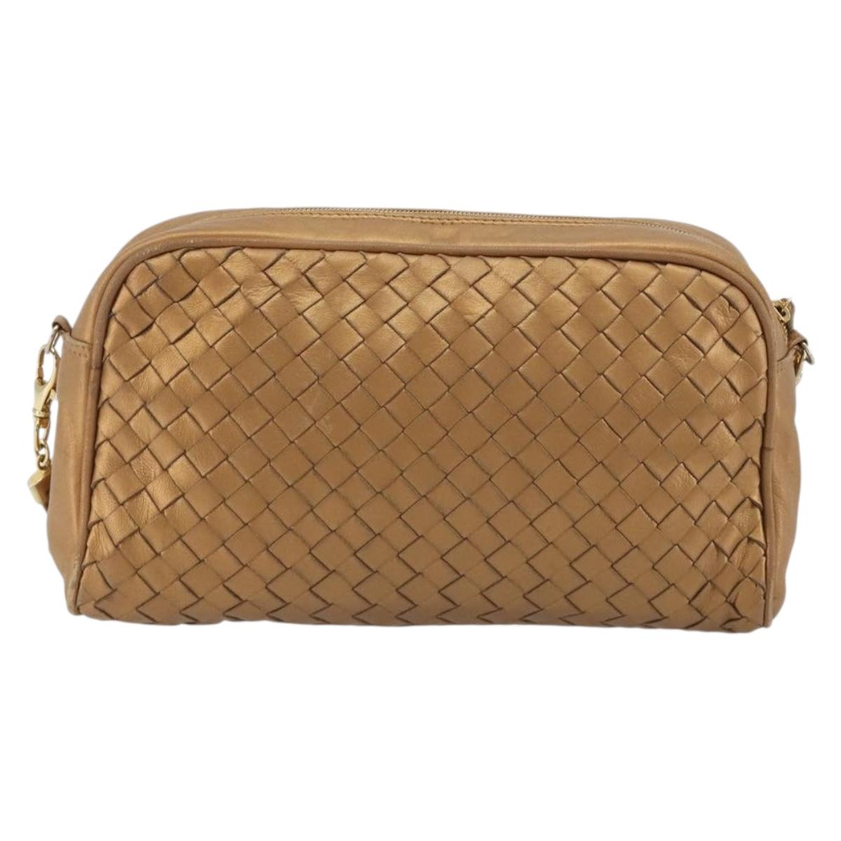 BOTTEGA VENETA INTRECCIATO Shoulder Bag Leather Bronze Gold Auth BA13993