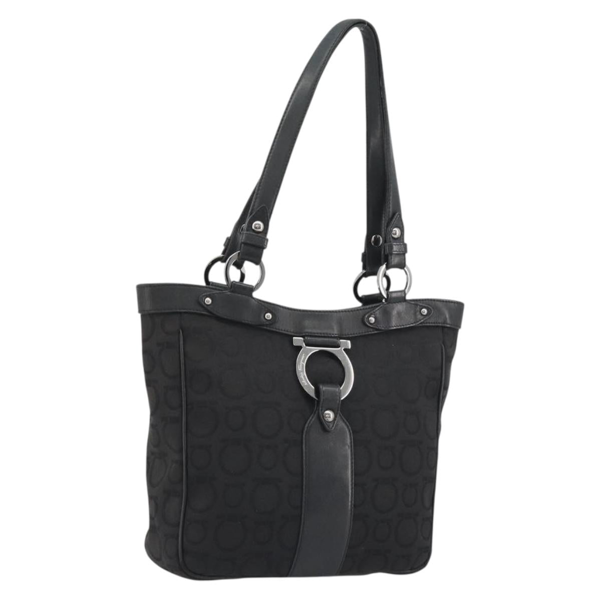 Salvatore Ferragamo Gancini Tote Bag Canvas Black Silver Auth BA13998