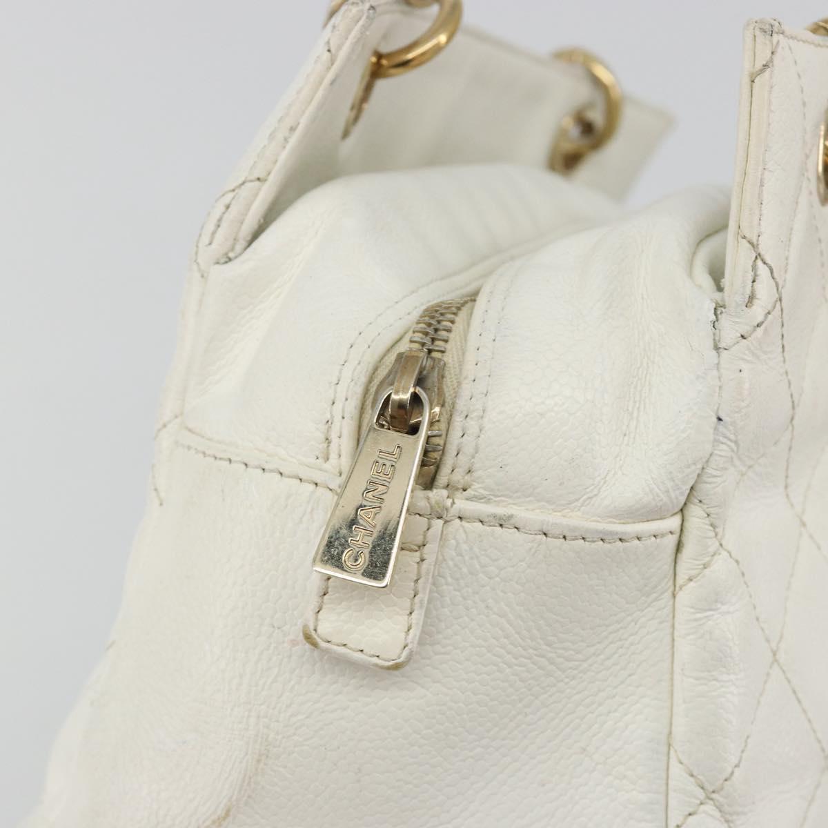 CHANEL Matelasse Chain Shoulder Bag Caviar Skin White Gold CC Auth BA13999