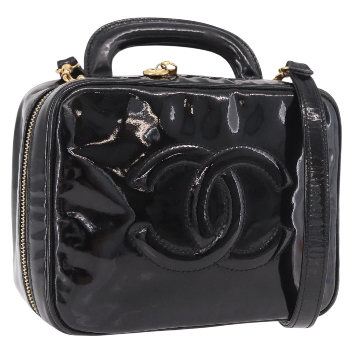 CHANEL Vanity Cosmetic Pouch Patent 2way Black Gold CC Auth BA14000A