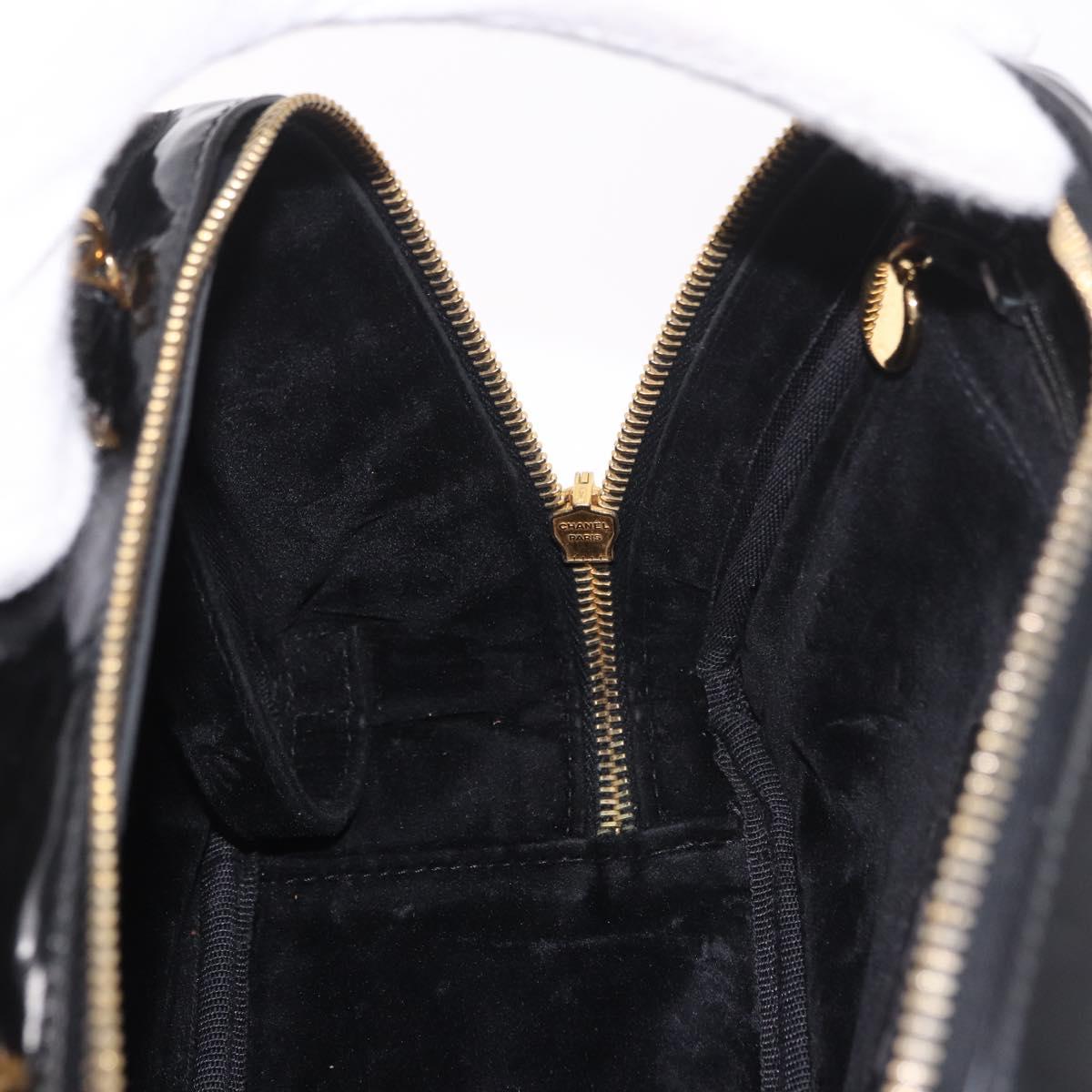 CHANEL Vanity Cosmetic Pouch Patent 2way Black Gold CC Auth BA14000A