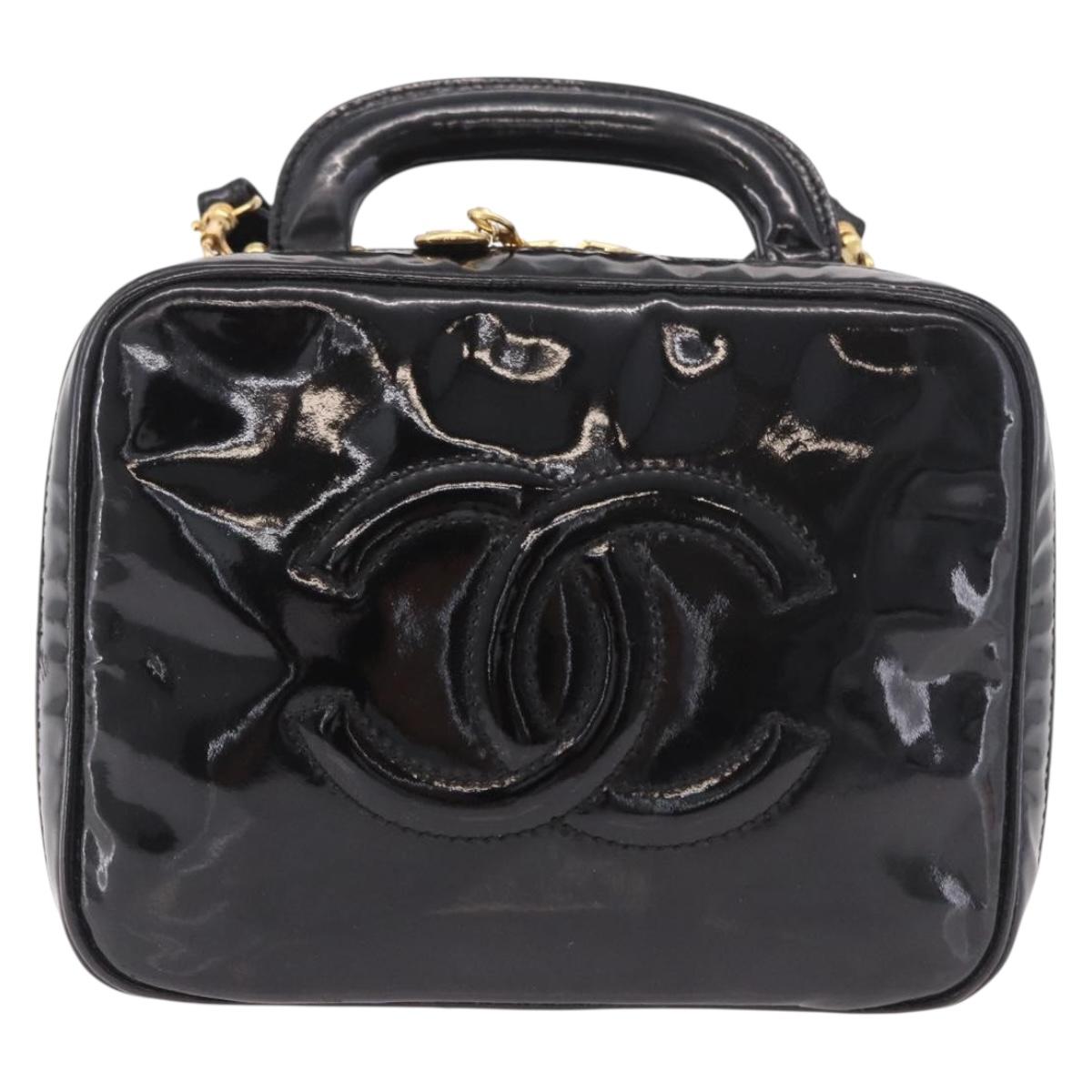 CHANEL Vanity Cosmetic Pouch Patent 2way Black Gold CC Auth BA14000A