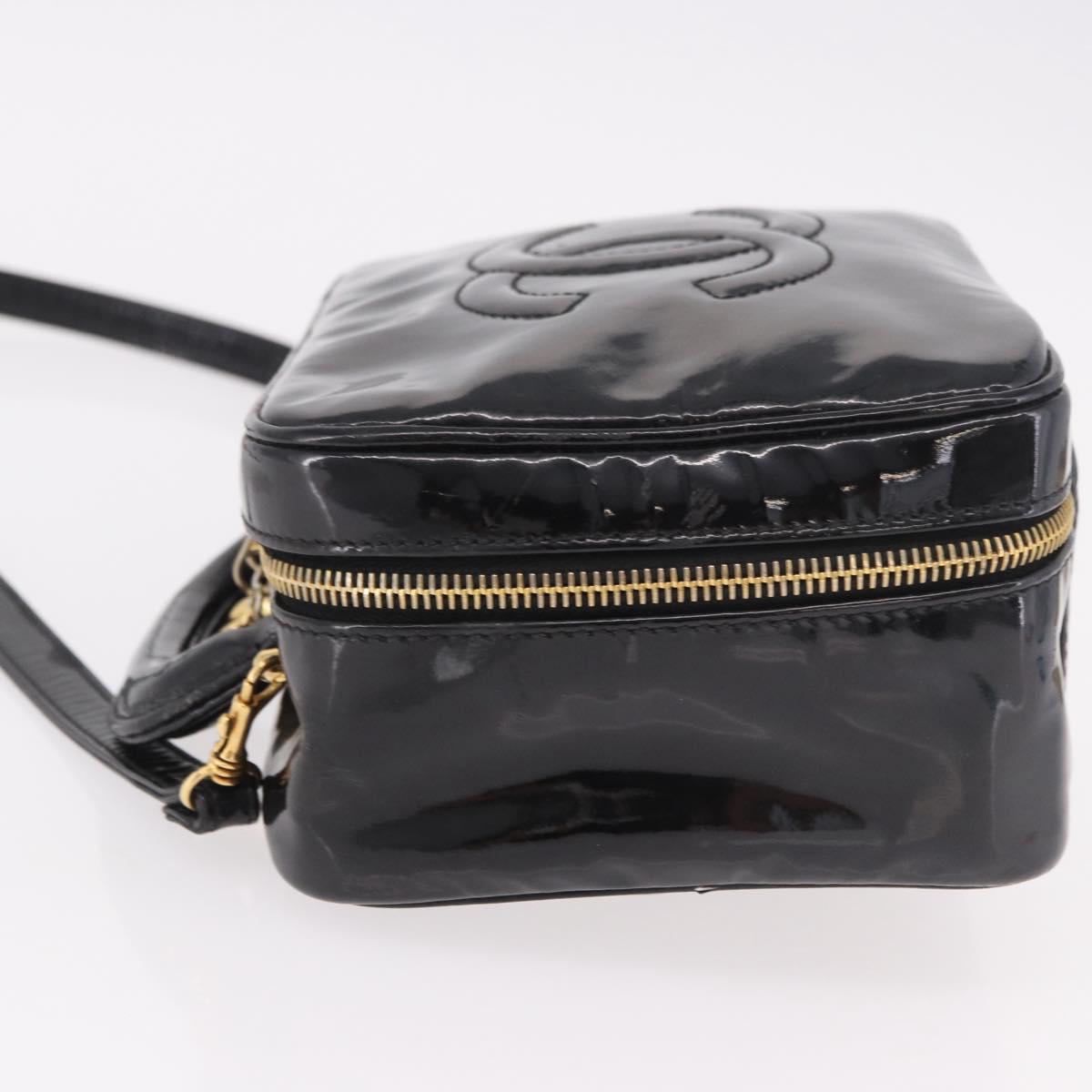 CHANEL Vanity Cosmetic Pouch Patent 2way Black Gold CC Auth BA14000A