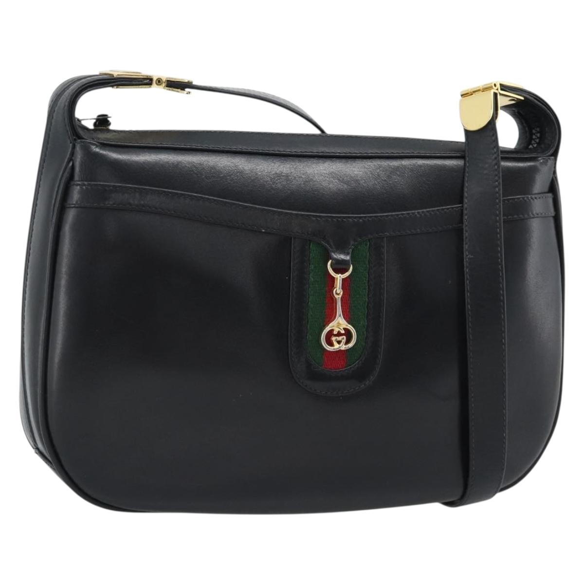 GUCCI Horsebit Shoulder Bag Leather Black Gold Auth BA14011A