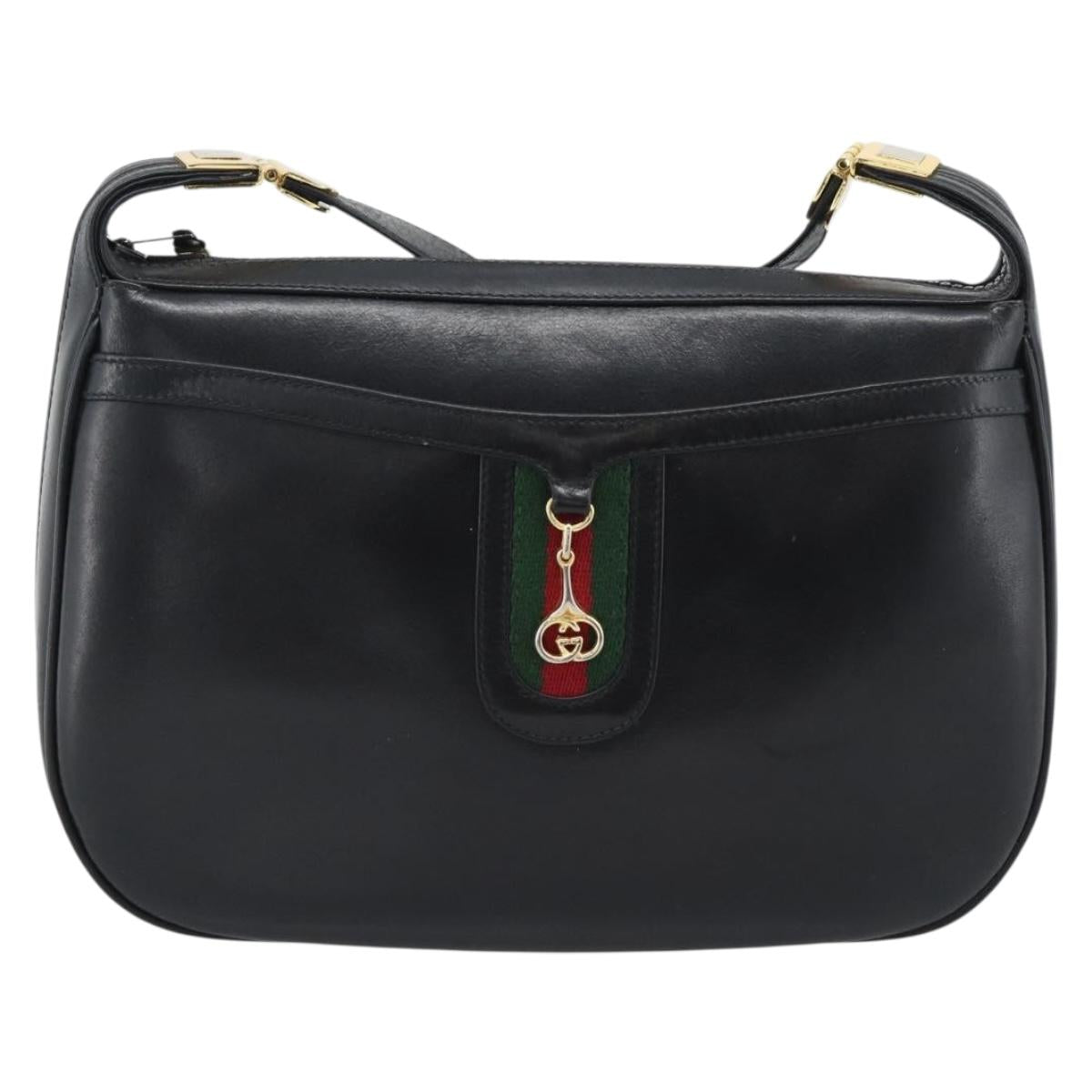 GUCCI Horsebit Shoulder Bag Leather Black Gold Auth BA14011A