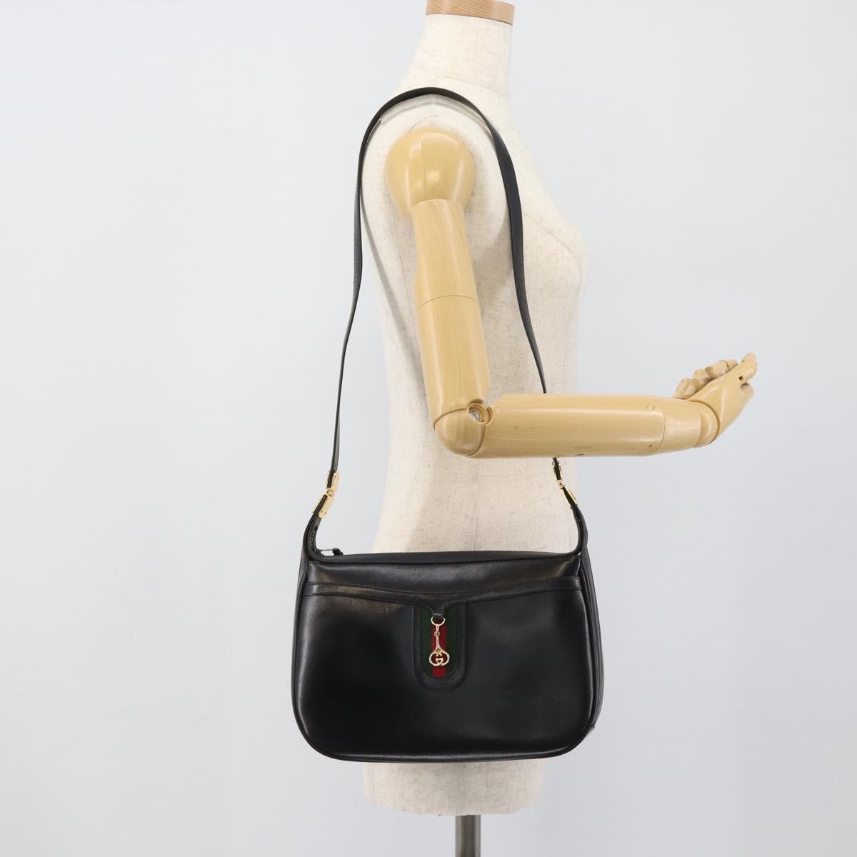 GUCCI Horsebit Shoulder Bag Leather Black Gold Auth BA14011A