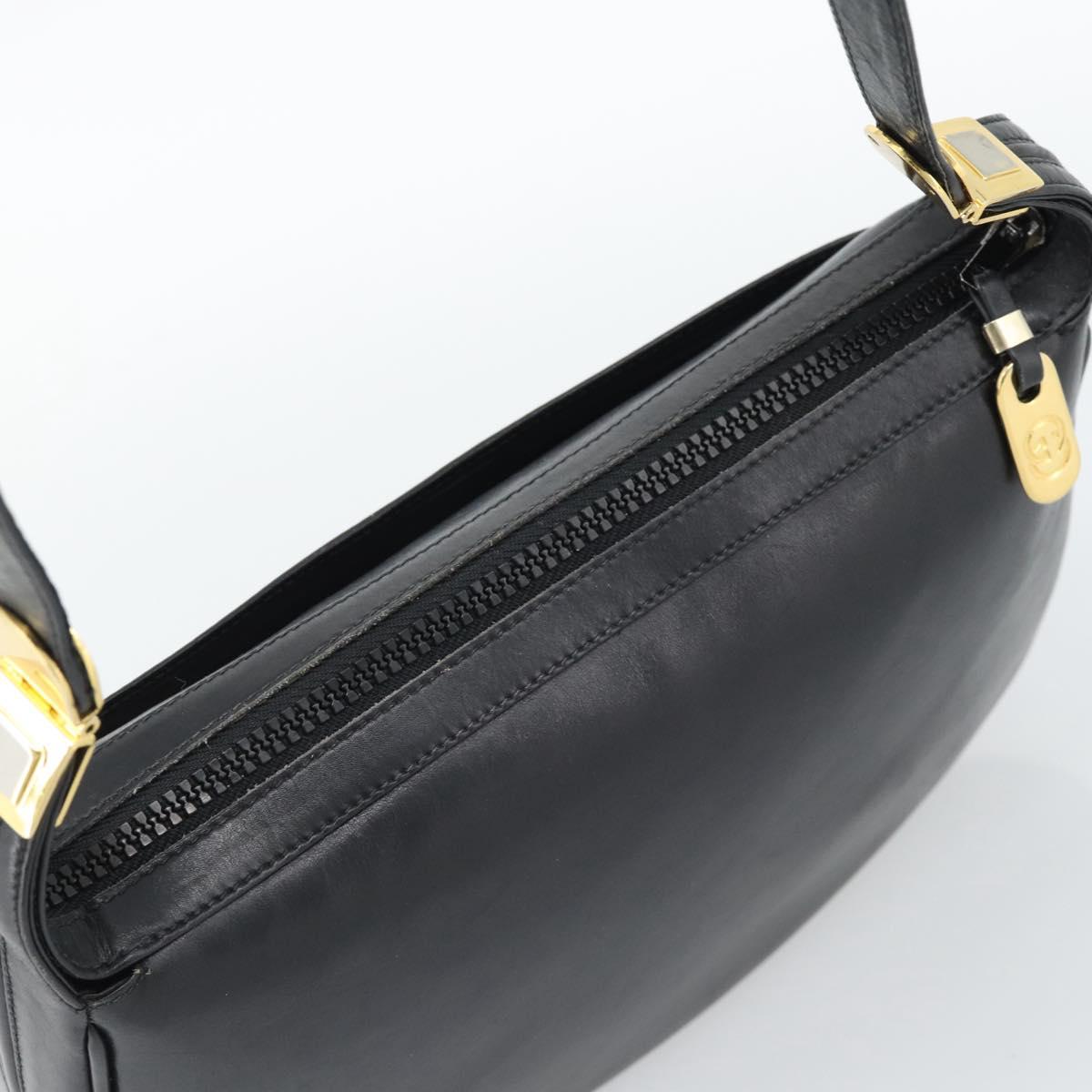 GUCCI Horsebit Shoulder Bag Leather Black Gold Auth BA14011A