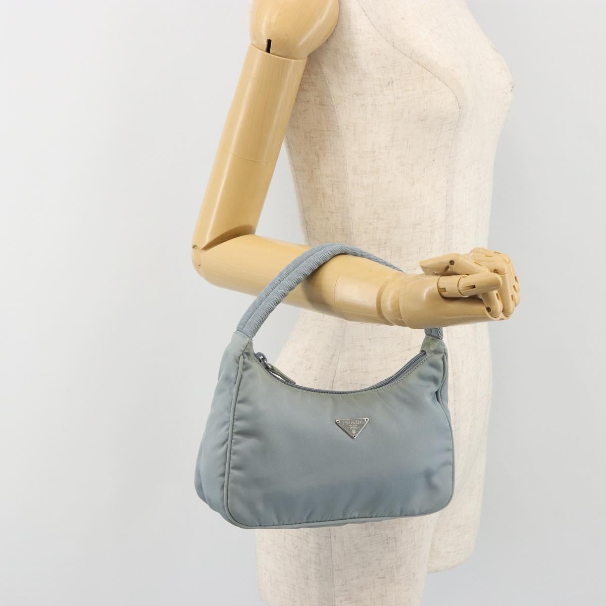 PRADA Hand Pouch Nylon Light Blue Silver Auth BA14013A