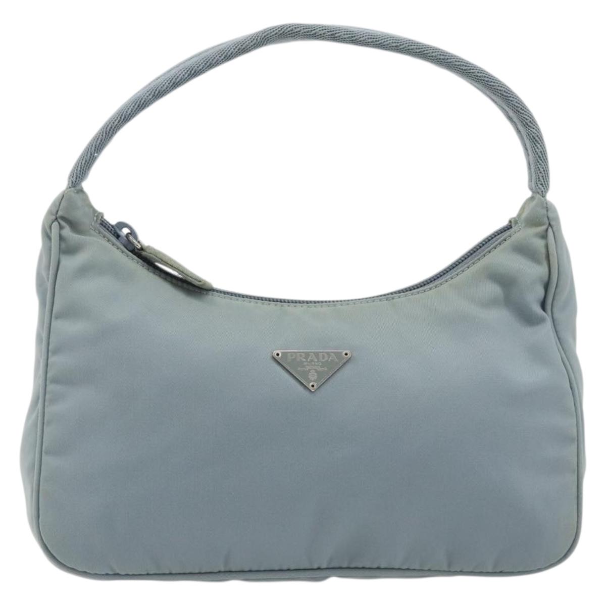 PRADA Hand Pouch Nylon Light Blue Silver Auth BA14013A