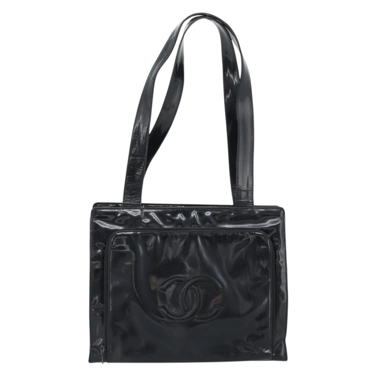 CHANEL Tote Bag Patent Black Gold CC Auth BA14016