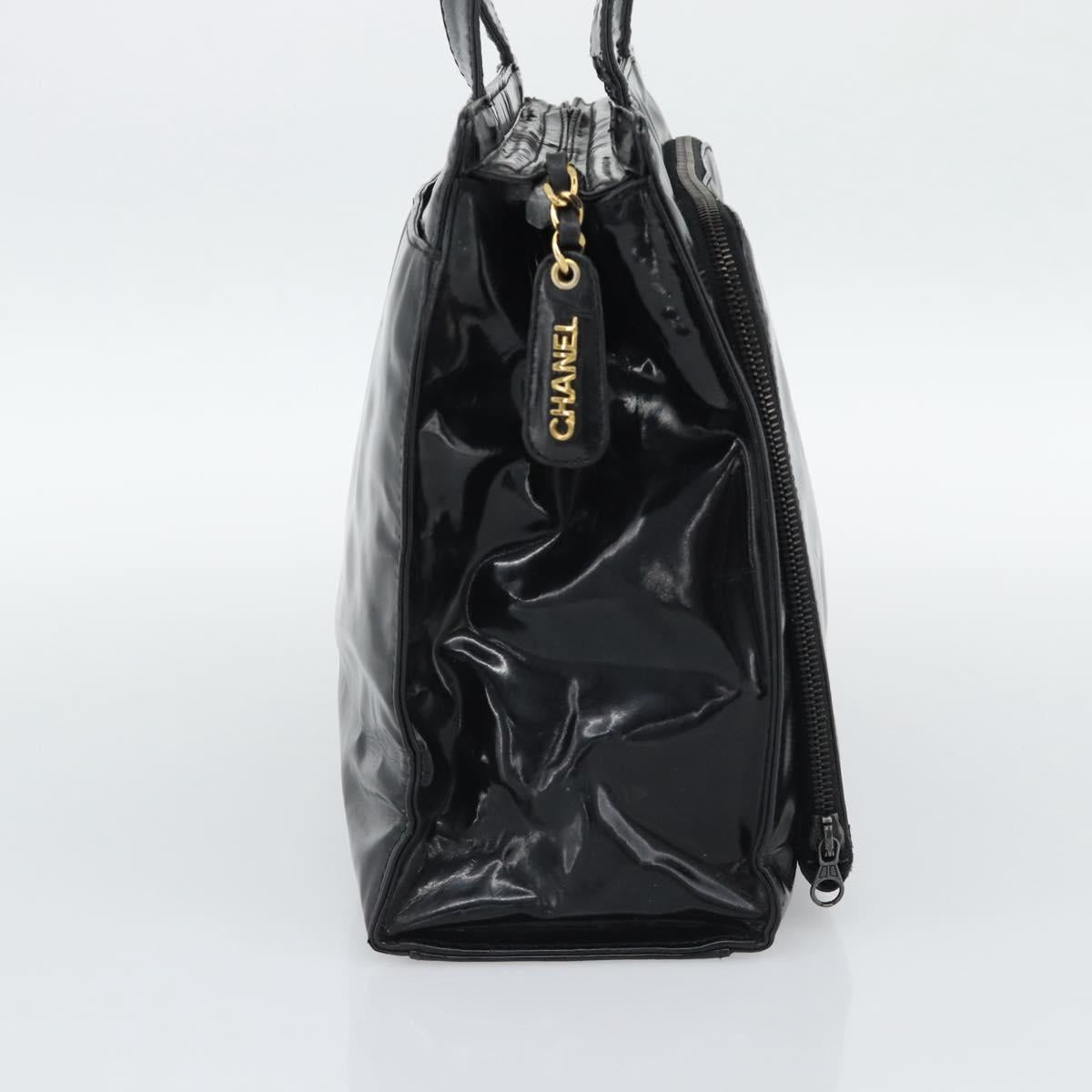 CHANEL Tote Bag Patent Black Gold CC Auth BA14016