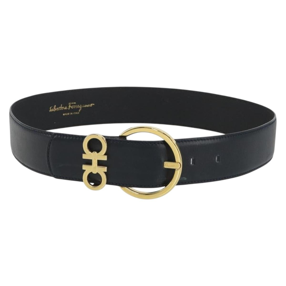 Salvatore Ferragamo Double Gancini Belt Leather Navy Gold Auth BA14028