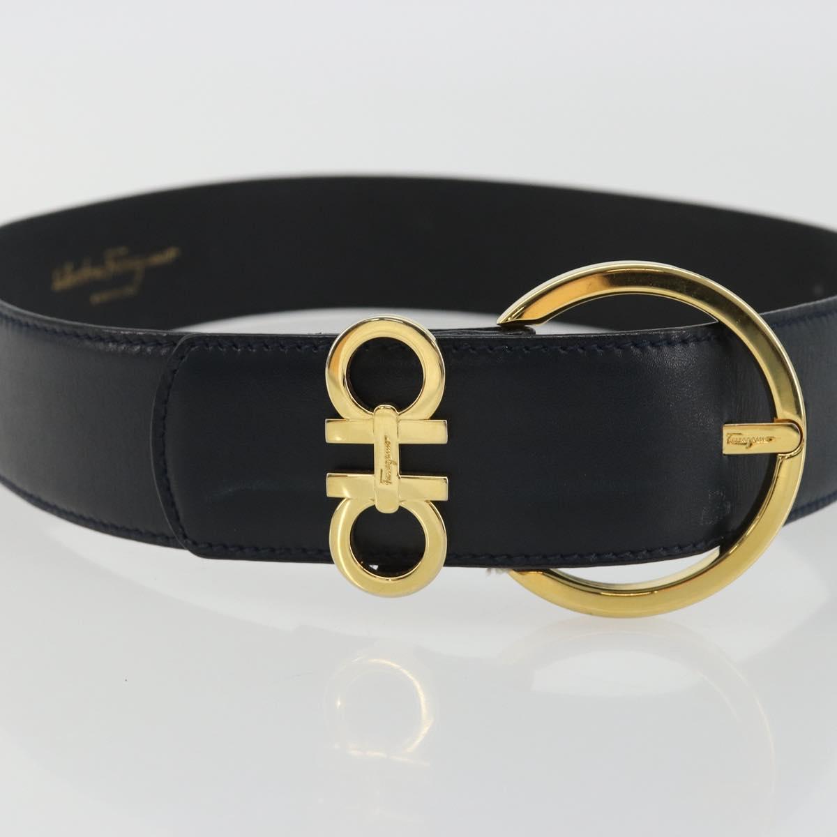 Salvatore Ferragamo Double Gancini Belt Leather Navy Gold Auth BA14028