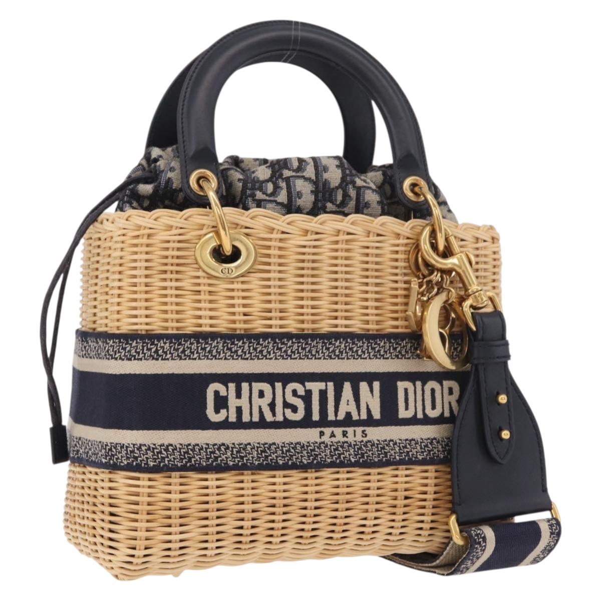 Christian Dior Oblique Jacquard Lady Dior Medium Rattan Navy Auth BA14029SAM