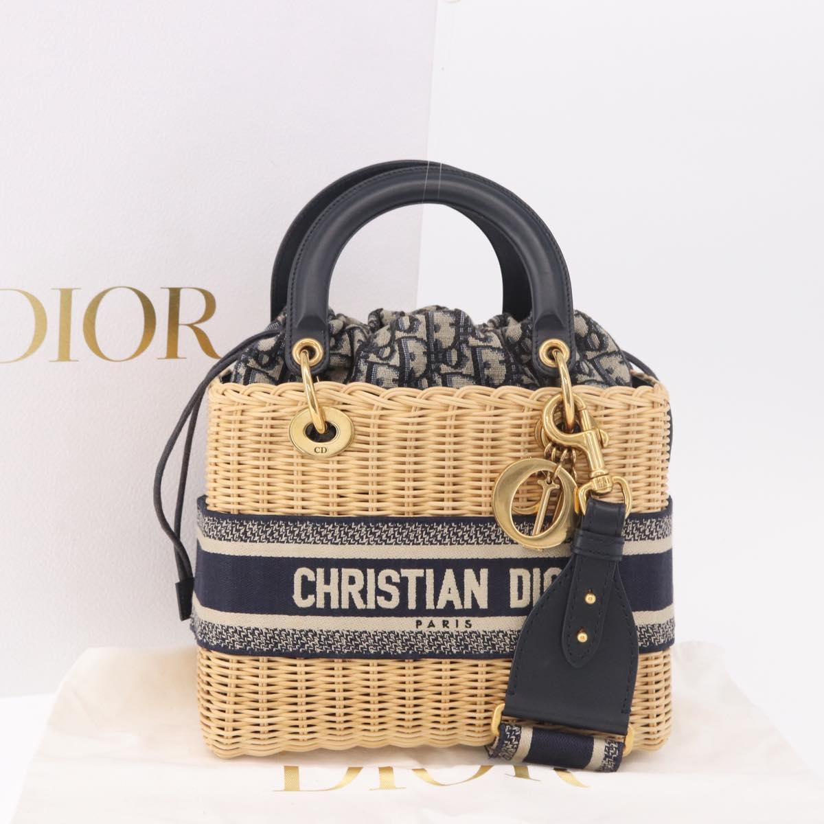 Christian Dior Oblique Jacquard Lady Dior Medium Rattan Navy Auth BA14029SAM