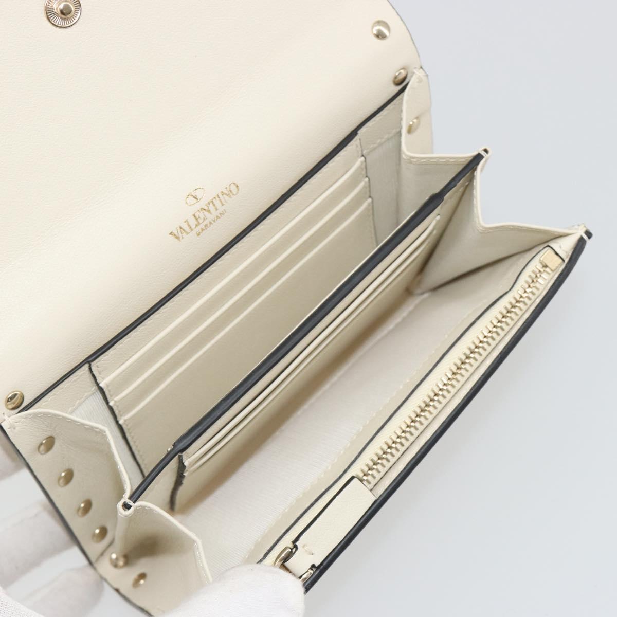 VALENTINO Rock Studs Wallet Leather Ivory Gold Auth BA14034M