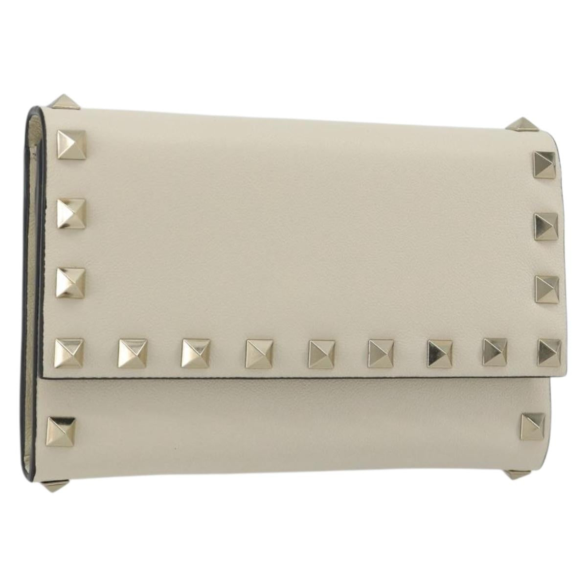 VALENTINO Rock Studs Wallet Leather Ivory Gold Auth BA14034M