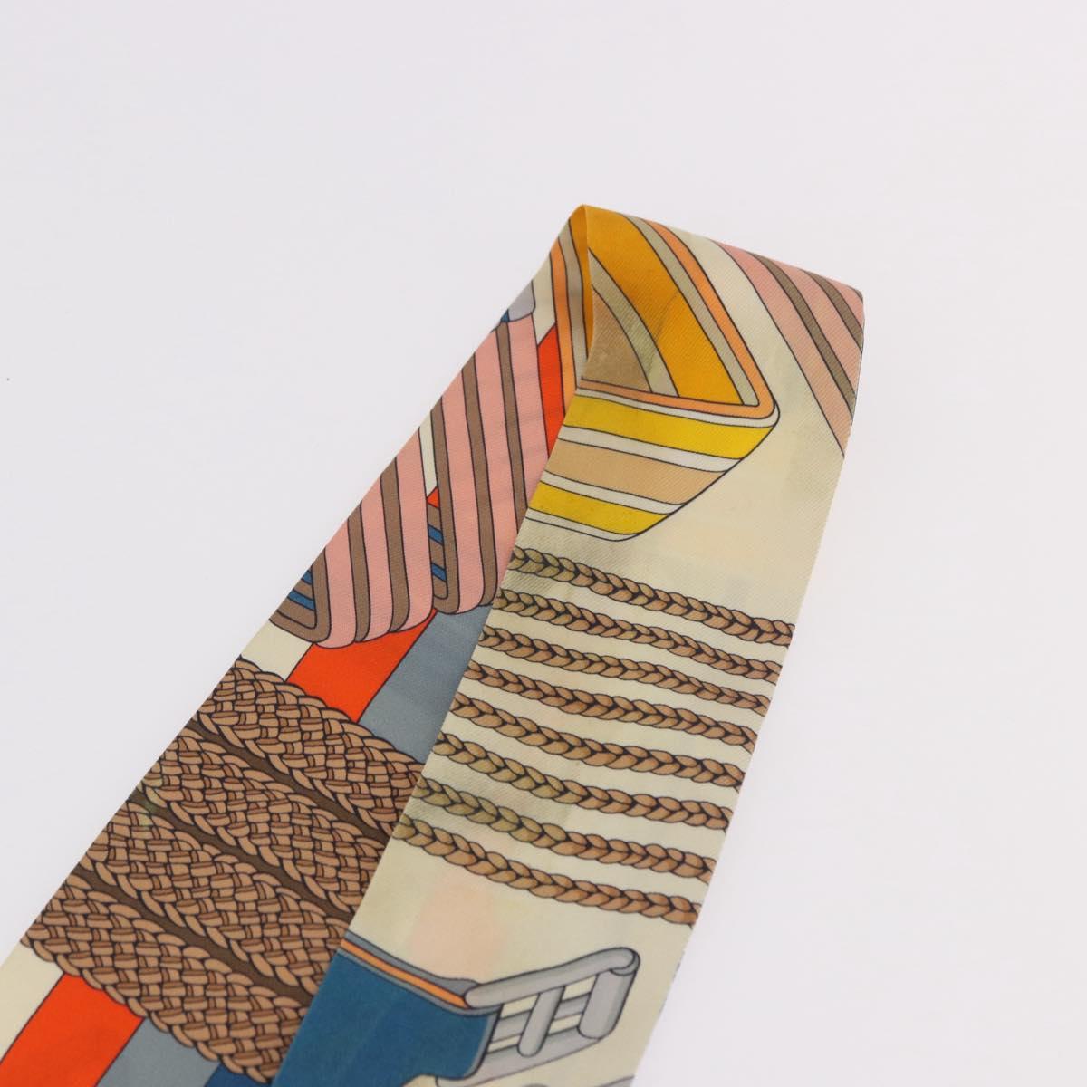 HERMES Twilly Scarf Silk "SANGLES EN ZIGZAG" Ivory Auth BA14065
