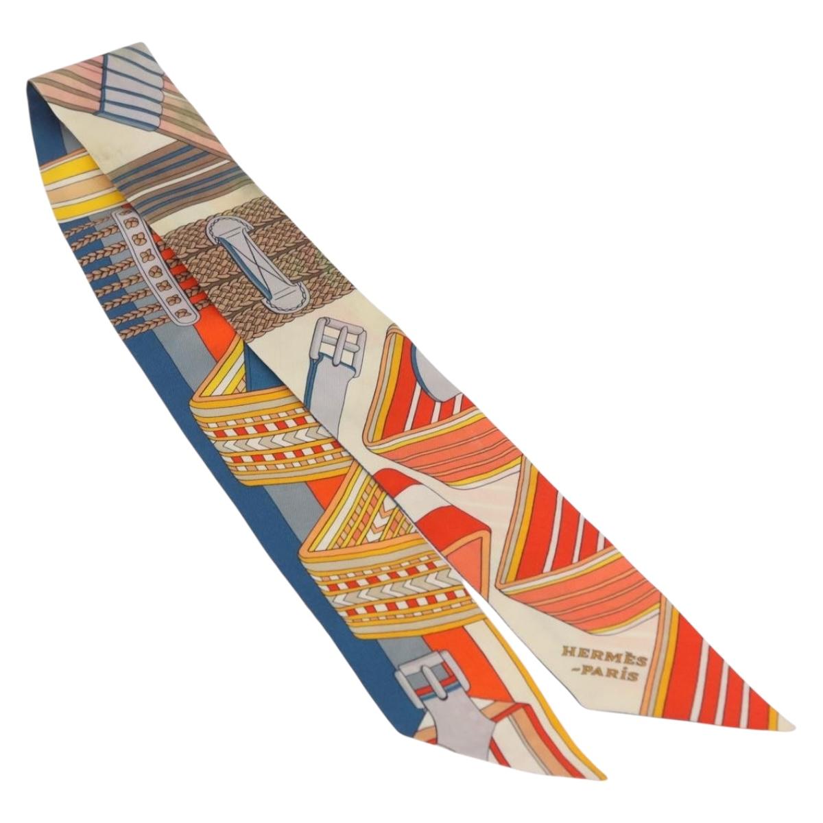 HERMES Twilly Scarf Silk "SANGLES EN ZIGZAG" Ivory Auth BA14065