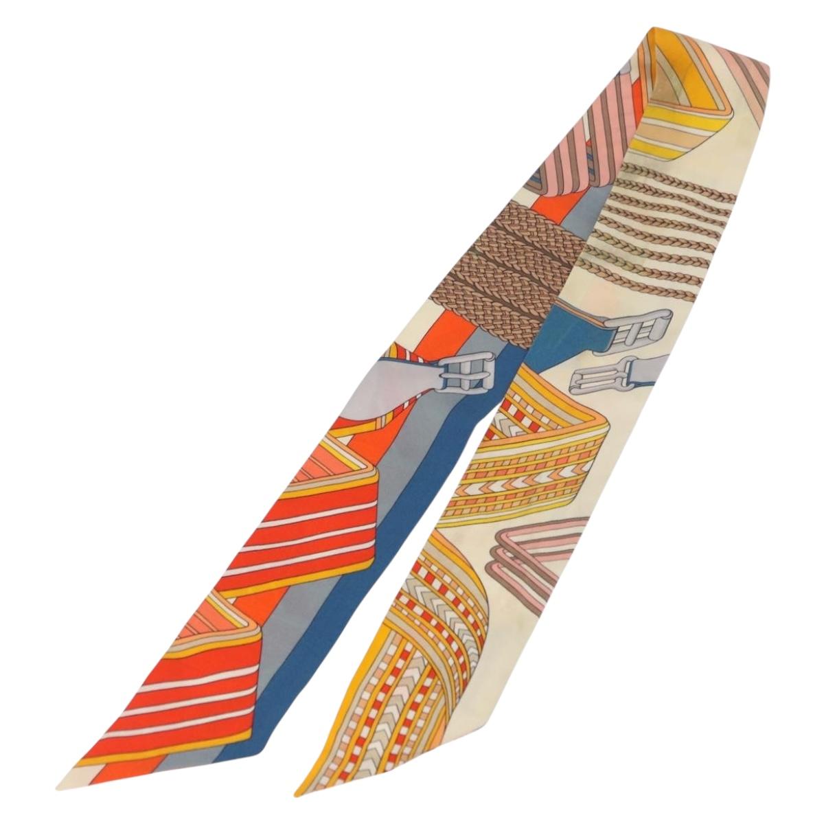 HERMES Twilly Scarf Silk "SANGLES EN ZIGZAG" Ivory Auth BA14065