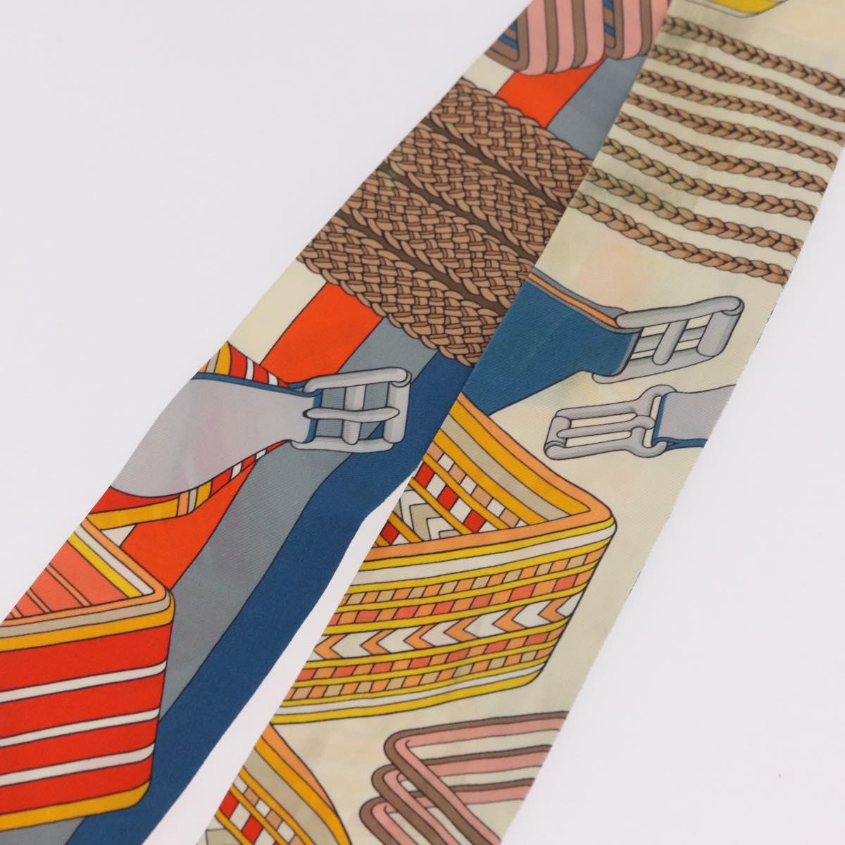 HERMES Twilly Scarf Silk "SANGLES EN ZIGZAG" Ivory Auth BA14065