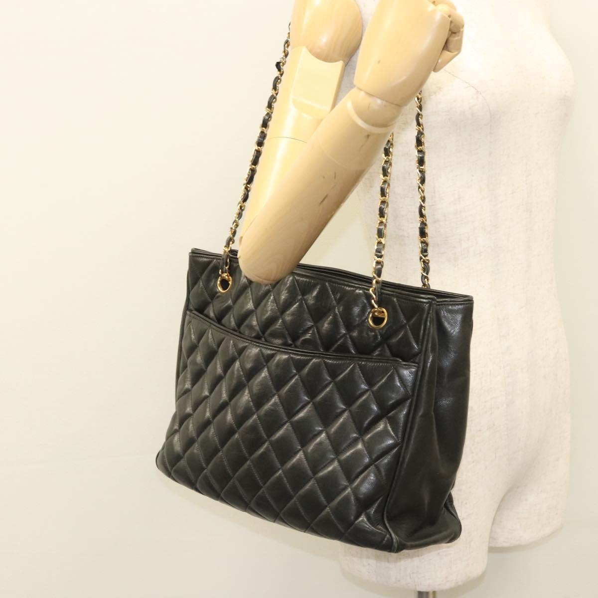 CHANEL Matelasse Chain Shoulder Bag Lamb Skin Black Gold CC Auth BA1407