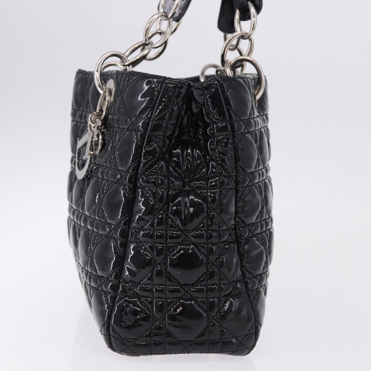 Christian Dior Lady Dior Chain Bag Patent Leather Black Silver Auth BA14101V