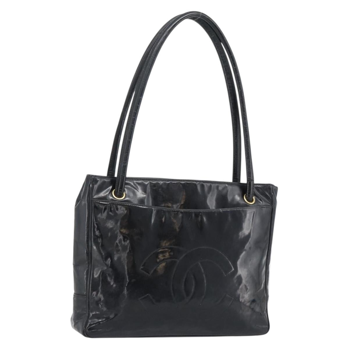 CHANEL Tote Bag Patent Leather Black Gold CC Auth BA14104