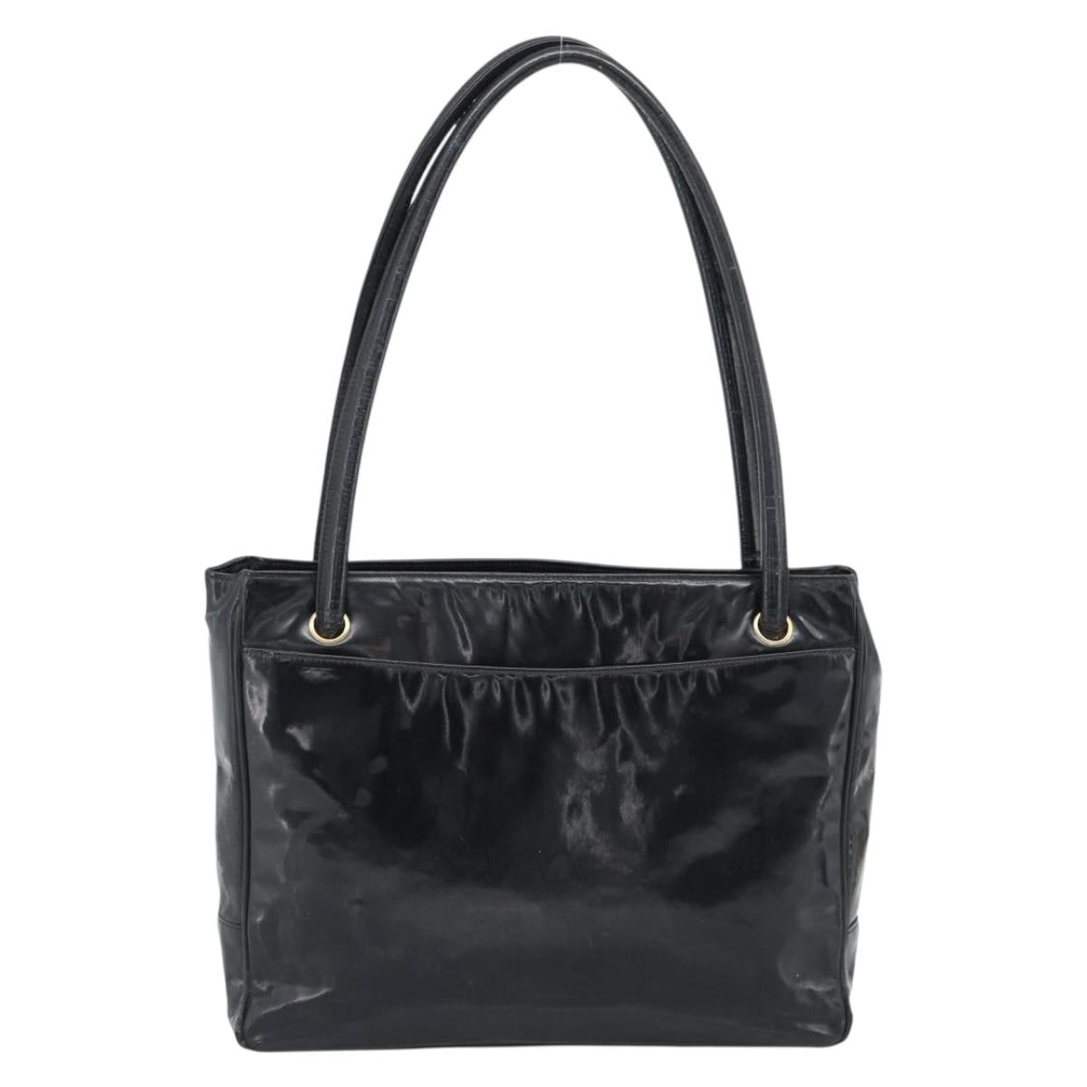 CHANEL Tote Bag Patent Leather Black Gold CC Auth BA14104