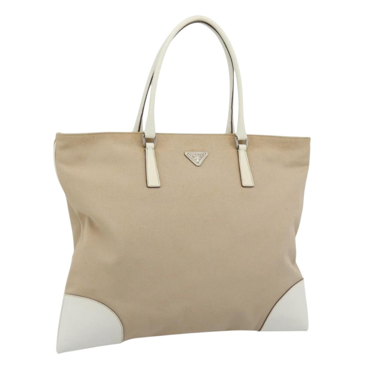 PRADA Tote Bag Canvas Beige Silver Auth BA14115