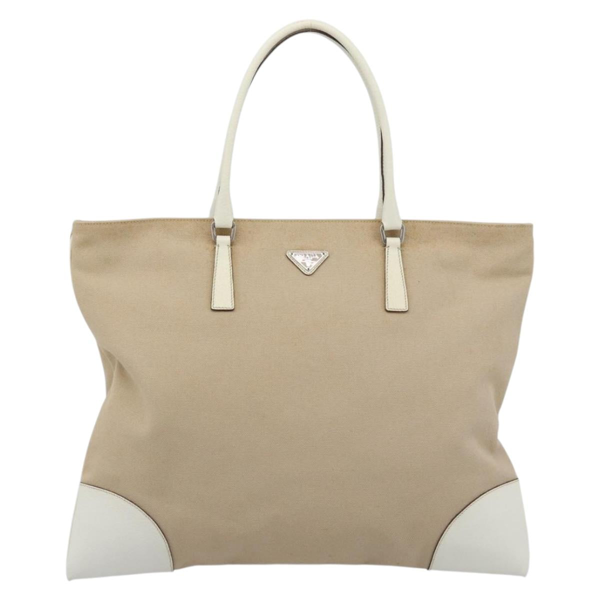 PRADA Tote Bag Canvas Beige Silver Auth BA14115