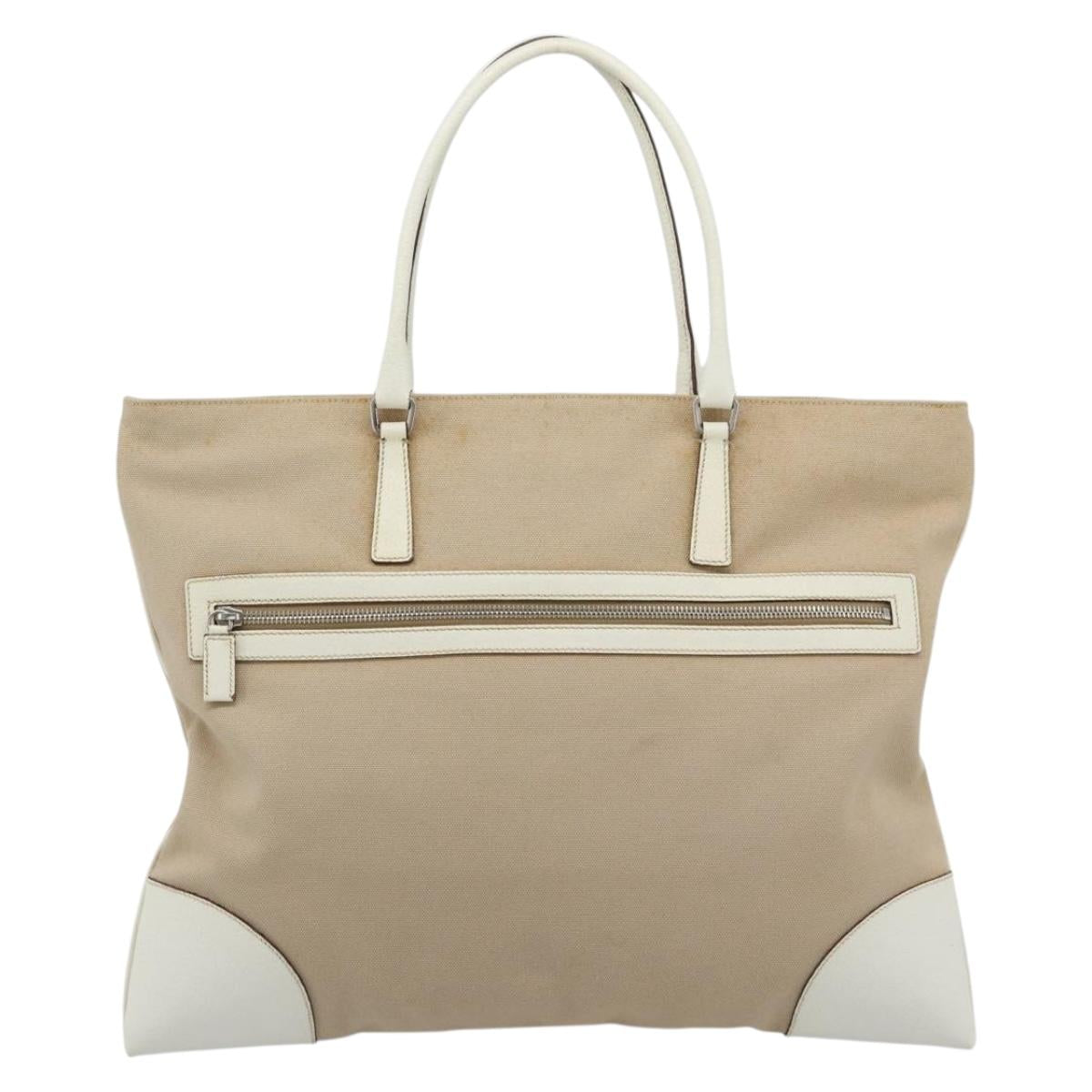 PRADA Tote Bag Canvas Beige Silver Auth BA14115