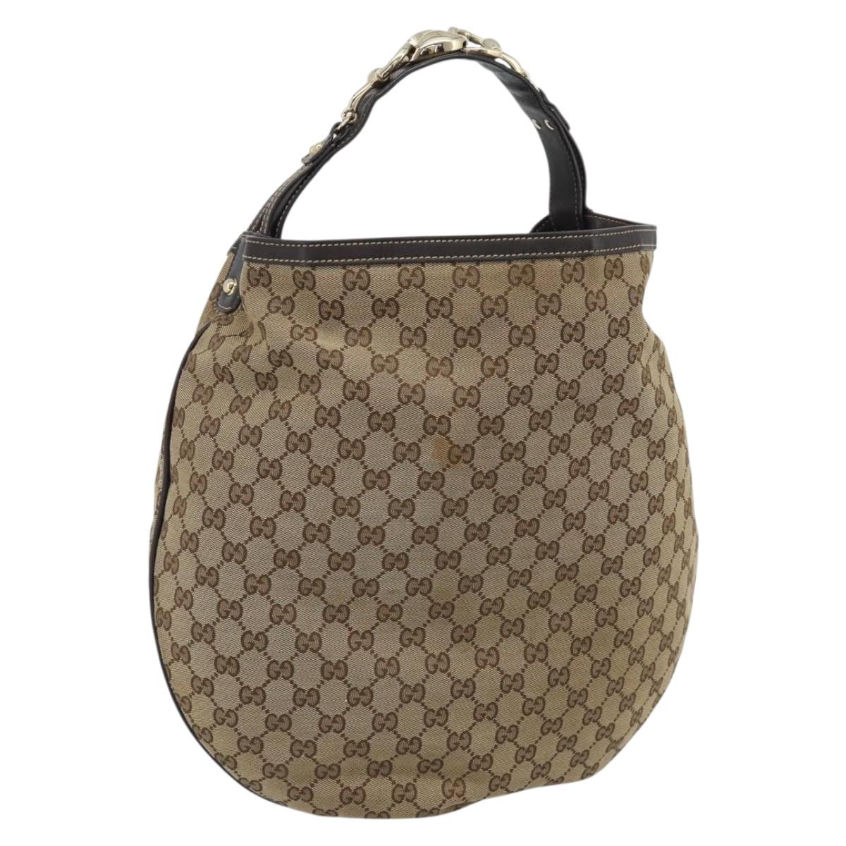 GUCCI GG Canvas Horsebit Shoulder Bag Beige Gold 170014 Auth BA14121