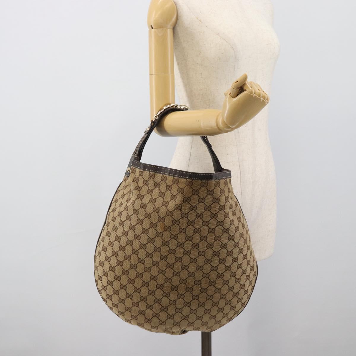 GUCCI GG Canvas Horsebit Shoulder Bag Beige Gold 170014 Auth BA14121