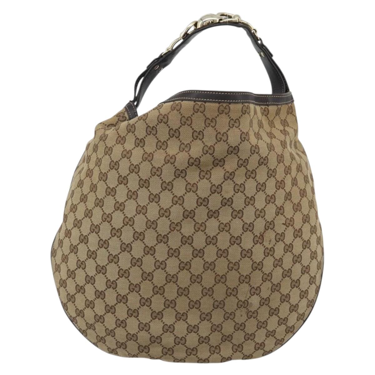 GUCCI GG Canvas Horsebit Shoulder Bag Beige Gold 170014 Auth BA14121