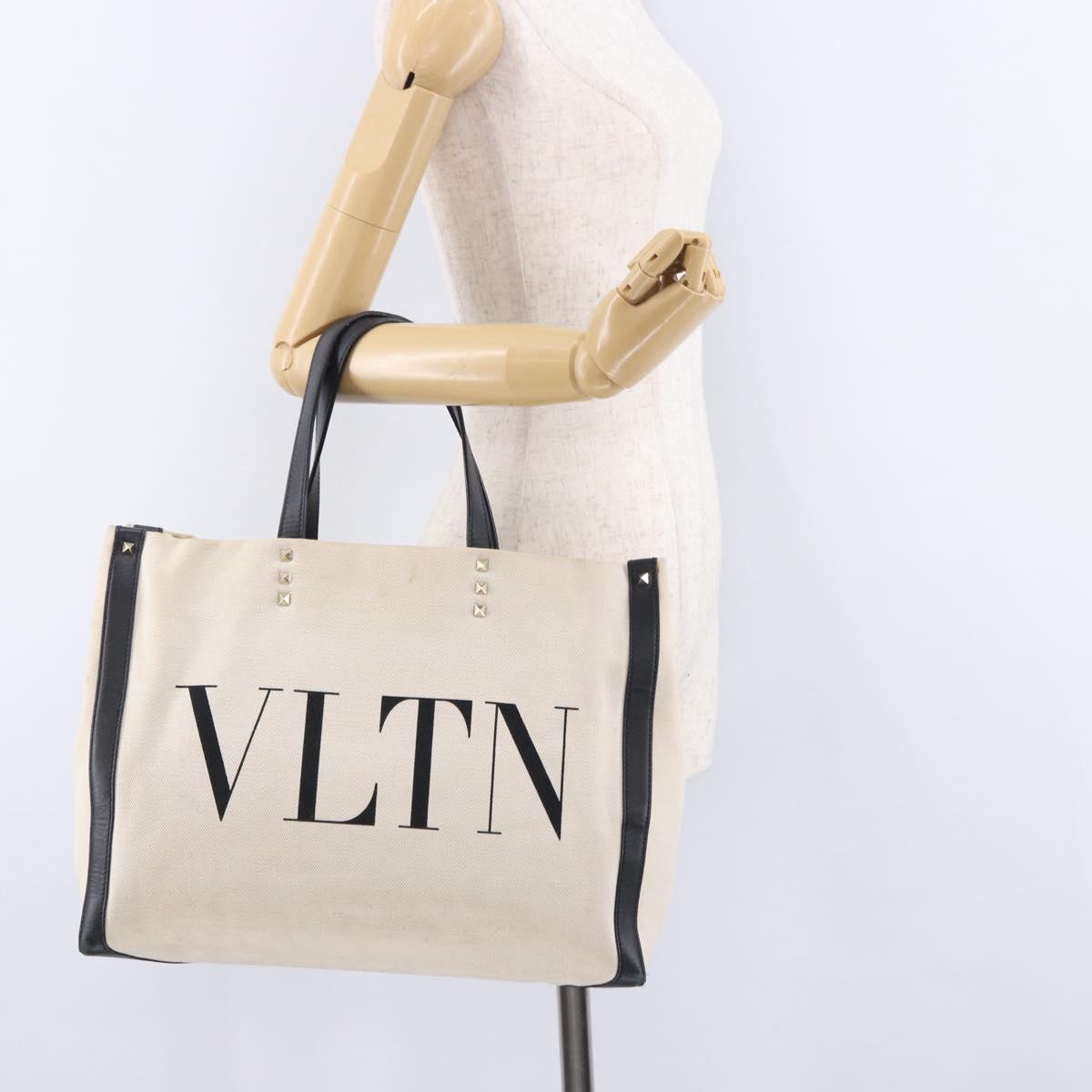 VALENTINO Tote Bag Canvas Ivory Gold Auth BA14128