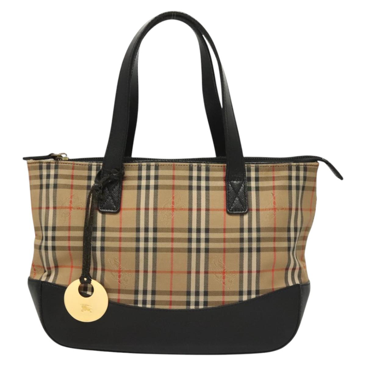 Burberrys Nova Check Hand Bag Canvas Beige Gold Auth BA1414