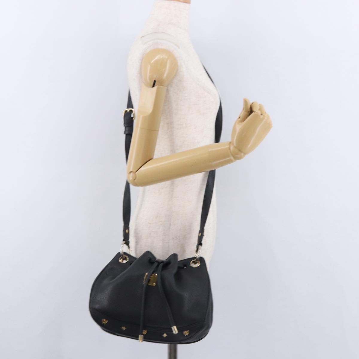 MCM Purse Shoulder Bag Leather Black Gold Auth BA14146A