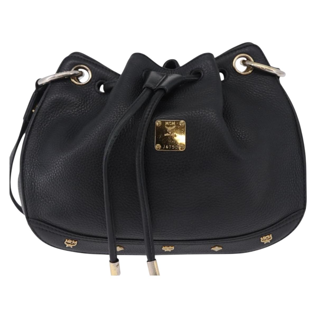MCM Purse Shoulder Bag Leather Black Gold Auth BA14146A