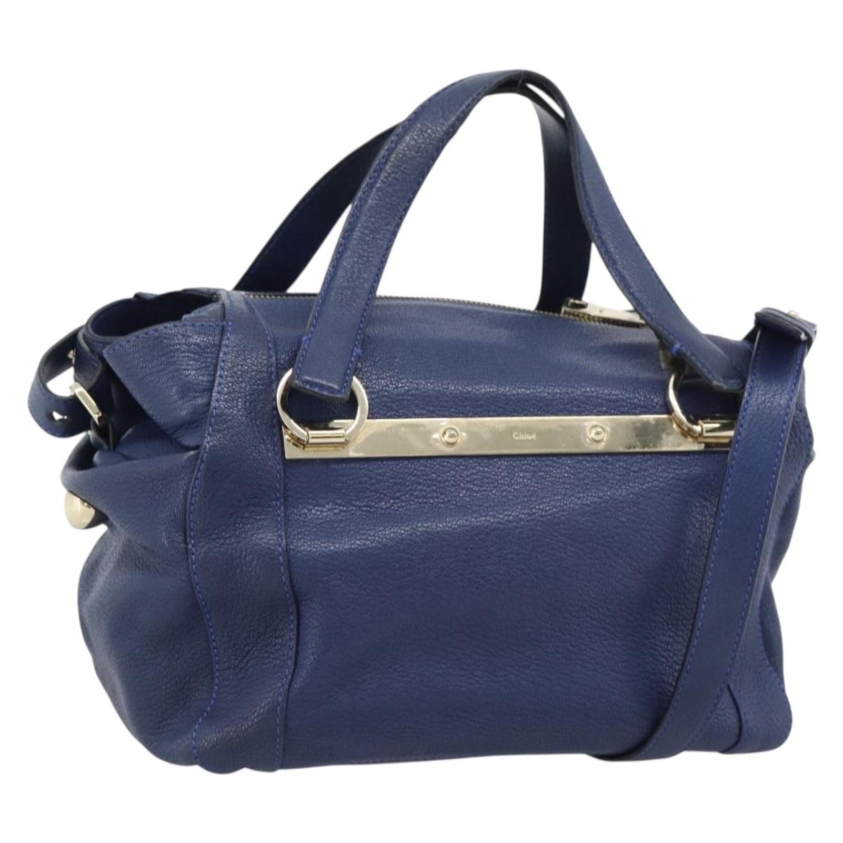 Chloe Bridget Hand Bag Leather 2way Blue Gold Tone Auth BA14147