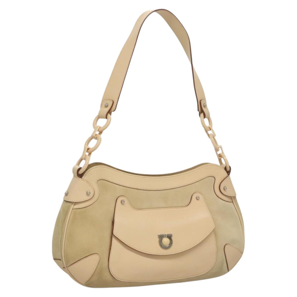 Salvatore Ferragamo Gancini Shoulder Bag Suede Leather Beige Silver Auth BA1415