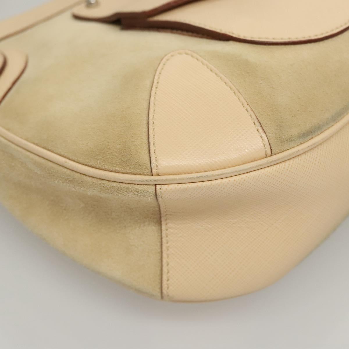 Salvatore Ferragamo Gancini Shoulder Bag Suede Leather Beige Silver Auth BA1415
