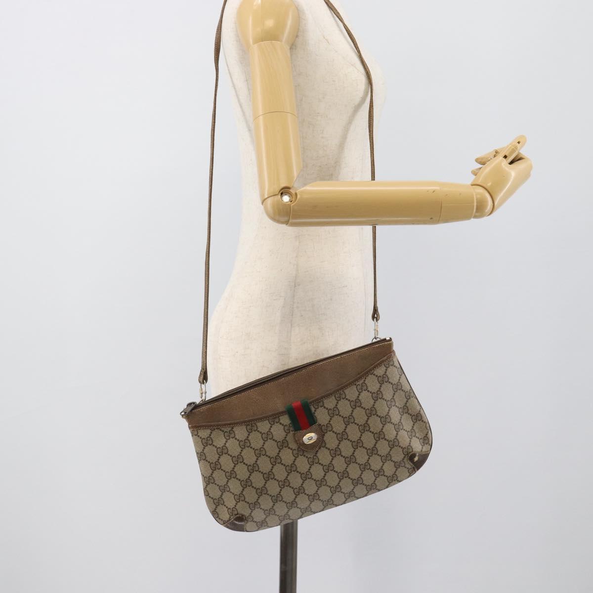 GUCCI GG Supreme Web Sherry Line Shoulder Bag PVC Beige Gold Auth BA14154