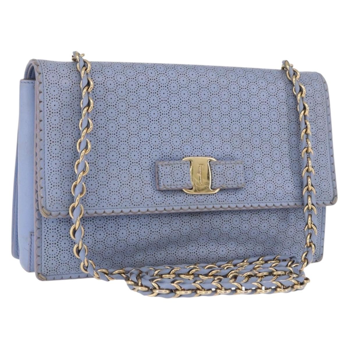 Salvatore Ferragamo Vala Chain Shoulder Bag Leather Blue Gold Auth BA14158