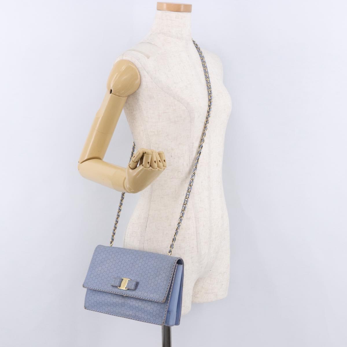 Salvatore Ferragamo Vala Chain Shoulder Bag Leather Blue Gold Auth BA14158