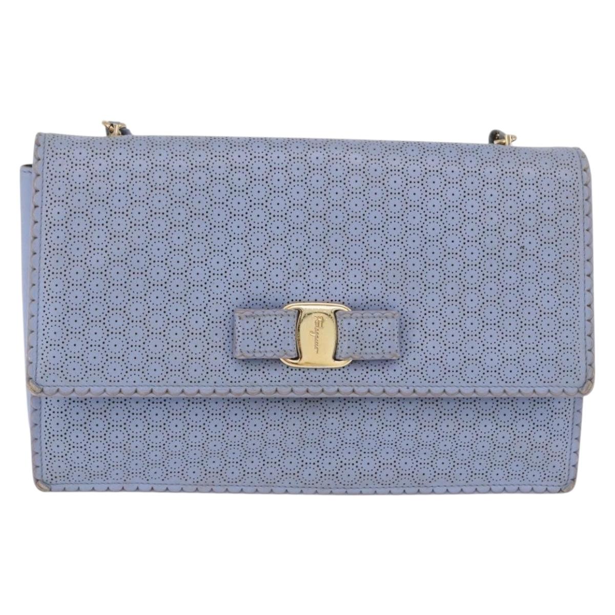 Salvatore Ferragamo Vala Chain Shoulder Bag Leather Blue Gold Auth BA14158